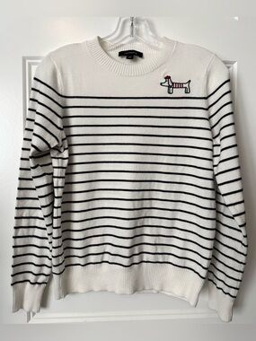 Calligraphie Striped Sweater Dog Embroidered Knit Top White Black Size Small